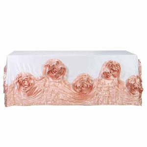 Rosette & Petals |  90″x156″ White Blush Seamless Large Rosette Rectangular Lamour Satin Tablecloth for 8 Foot Table With Floor-Length Drop