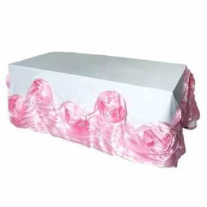 Rosette & Petals |  90″x156″ White Pink Seamless Large Rosette Rectangular Lamour Satin Tablecloth for 8 Foot Table With Floor-Length Drop