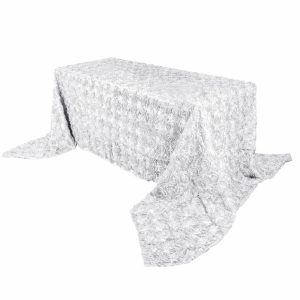 Rosette & Petals |  90″x156″ White Seamless Grandiose Rosette 3D Satin Rectangle Tablecloth for 8 Foot Table With Floor-Length Drop