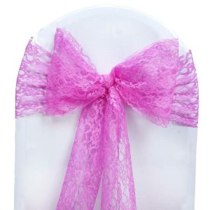 Rustic & Cheesecloth Sashes |  5 Pack 6″x108″ Fuchsia Floral Lace Chair Sashes