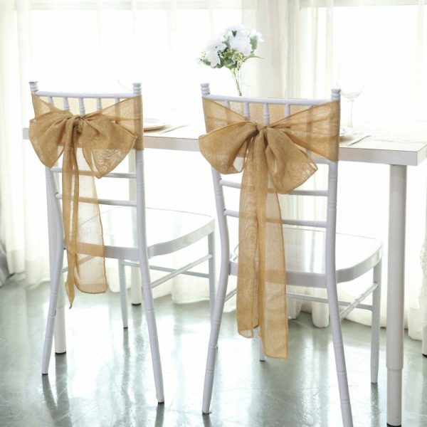 Rustic & Cheesecloth Sashes |  5 Pack Gold Jute Faux Burlap Chair Sashes, Boho Chic Linen Decor – 6″x108″