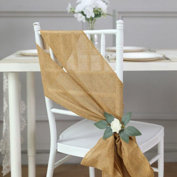 Rustic & Cheesecloth Sashes |  5 Pack Gold Jute Faux Burlap Chair Sashes, Boho Chic Linen Decor – 6″x108″