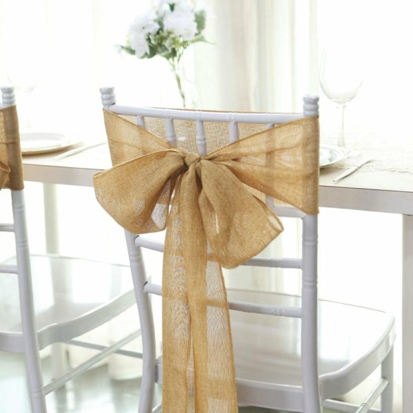 Rustic & Cheesecloth Sashes |  5 Pack Gold Jute Faux Burlap Chair Sashes, Boho Chic Linen Decor – 6″x108″