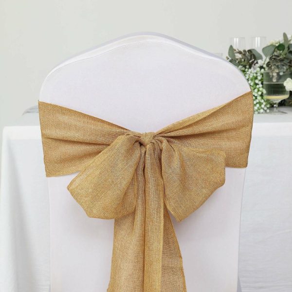 Rustic & Cheesecloth Sashes |  5 Pack Gold Jute Faux Burlap Chair Sashes, Boho Chic Linen Decor – 6″x108″