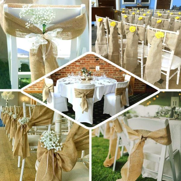 Rustic & Cheesecloth Sashes |  5 Pack Gold Jute Faux Burlap Chair Sashes, Boho Chic Linen Decor – 6″x108″