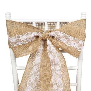 Rustic & Cheesecloth Sashes |  5″x108″ Natural Burlap Lace Chair Sash, Hessian Fabric Rustic Jute Chair Bow