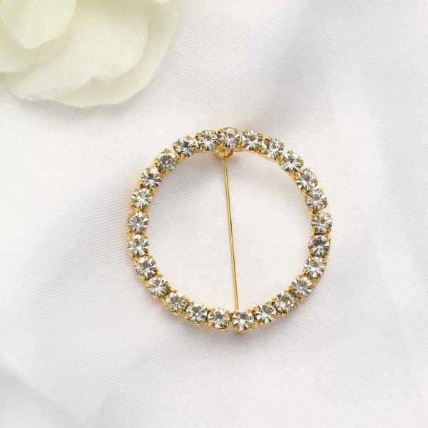 Sash Pins & Brooches |  2″ Gold Diamond Circle Metal Chair Sash Bow Pin, Rhinestone Chair Wrap Band Buckle Brooch