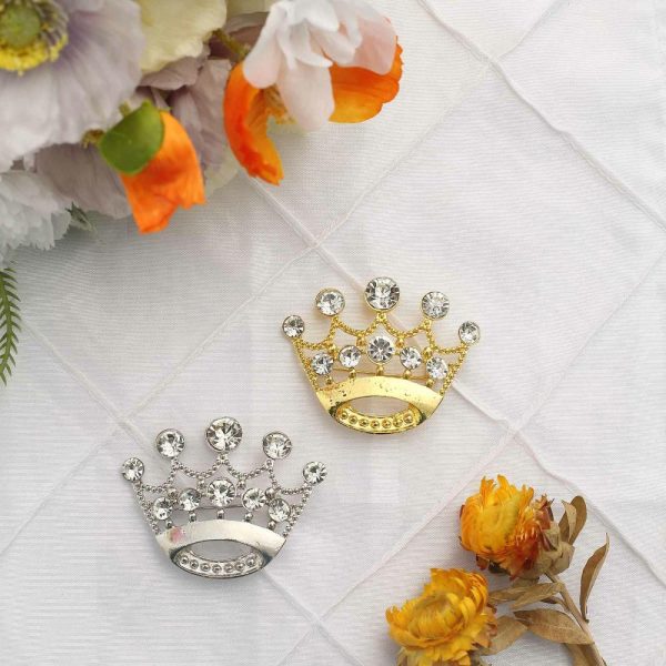 Sash Pins & Brooches |  2″ Gold Diamond Metal Crown Sash Bow Pin, Rhinestone Tiara Chair Wrap Band Buckle Brooch