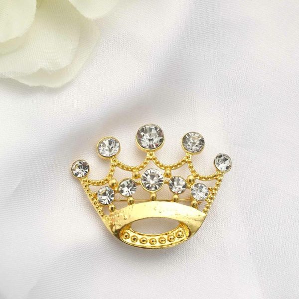 Sash Pins & Brooches |  2″ Gold Diamond Metal Crown Sash Bow Pin, Rhinestone Tiara Chair Wrap Band Buckle Brooch