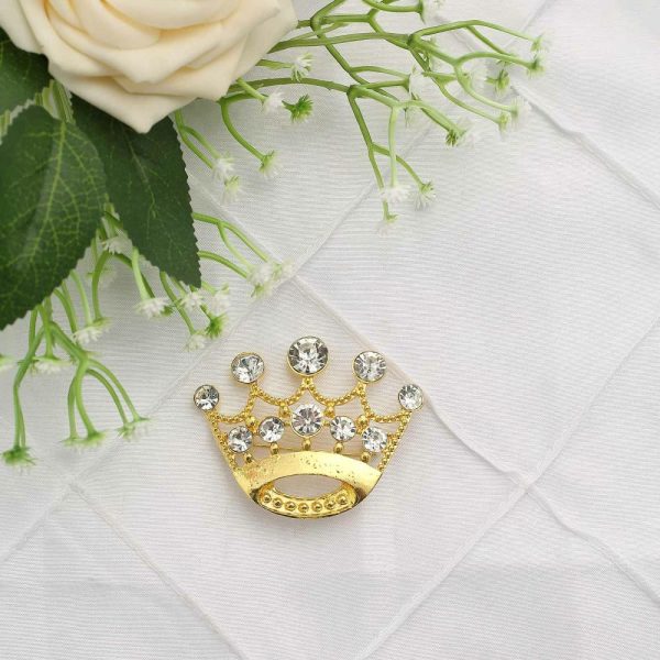 Sash Pins & Brooches |  2″ Gold Diamond Metal Crown Sash Bow Pin, Rhinestone Tiara Chair Wrap Band Buckle Brooch