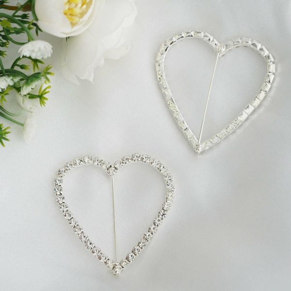 Sash Pins & Brooches |  2″ Silver Diamond Heart Metal Chair Sash Bow Pin, Rhinestone Chair Wrap Band Buckle Brooch