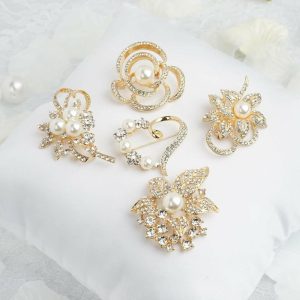 Sash Pins & Brooches |  5 Pack Assorted Gold Plated Pearl and Rhinestone Brooches Floral Sash Pin Brooch Bouquet Decor