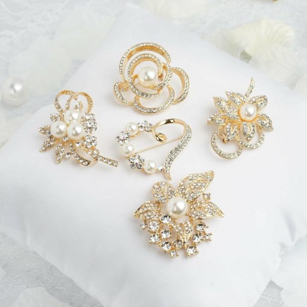 Sash Pins & Brooches |  5 Pack Assorted Gold Plated Pearl and Rhinestone Brooches Floral Sash Pin Brooch Bouquet Decor