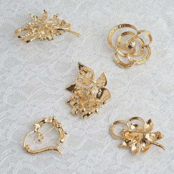 Sash Pins & Brooches |  5 Pack Assorted Gold Plated Pearl and Rhinestone Brooches Floral Sash Pin Brooch Bouquet Decor