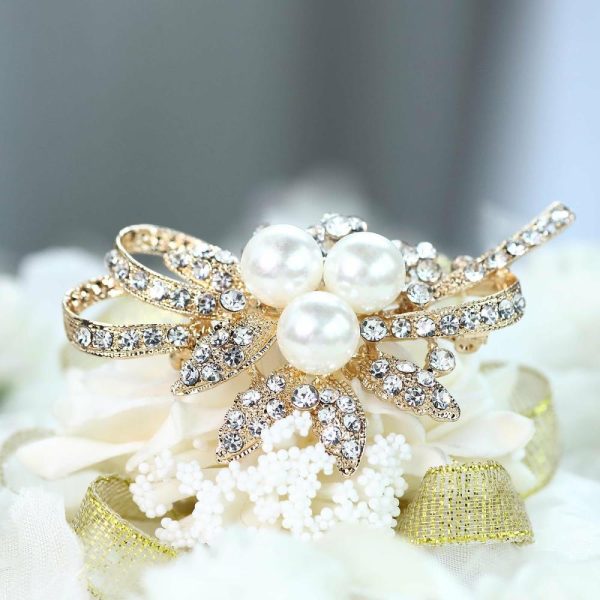 Sash Pins & Brooches |  5 Pack Assorted Gold Plated Pearl and Rhinestone Brooches Floral Sash Pin Brooch Bouquet Decor