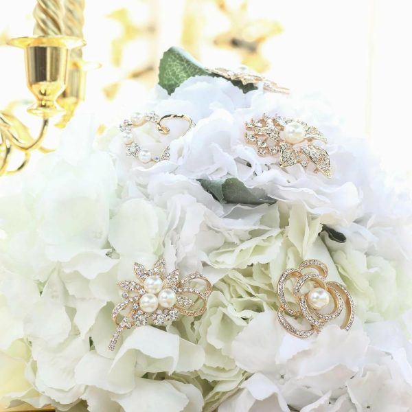 Sash Pins & Brooches |  5 Pack Assorted Gold Plated Pearl and Rhinestone Brooches Floral Sash Pin Brooch Bouquet Decor