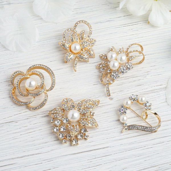 Sash Pins & Brooches |  5 Pack Assorted Gold Plated Pearl and Rhinestone Brooches Floral Sash Pin Brooch Bouquet Decor