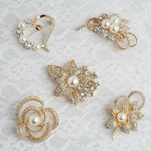 Sash Pins & Brooches |  5 Pack Assorted Gold Plated Pearl and Rhinestone Brooches Floral Sash Pin Brooch Bouquet Decor