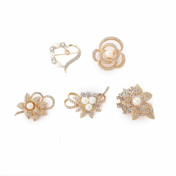 Sash Pins & Brooches |  5 Pack Assorted Gold Plated Pearl and Rhinestone Brooches Floral Sash Pin Brooch Bouquet Decor