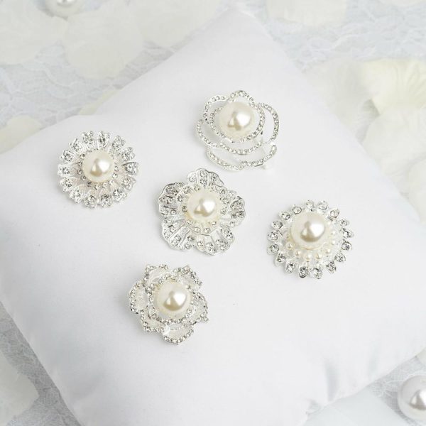 Sash Pins & Brooches |  5 Pack Assorted Silver Plated Rhinestone Brooches with Pearl Center Floral Sash Pin Brooch Bouquet Decor