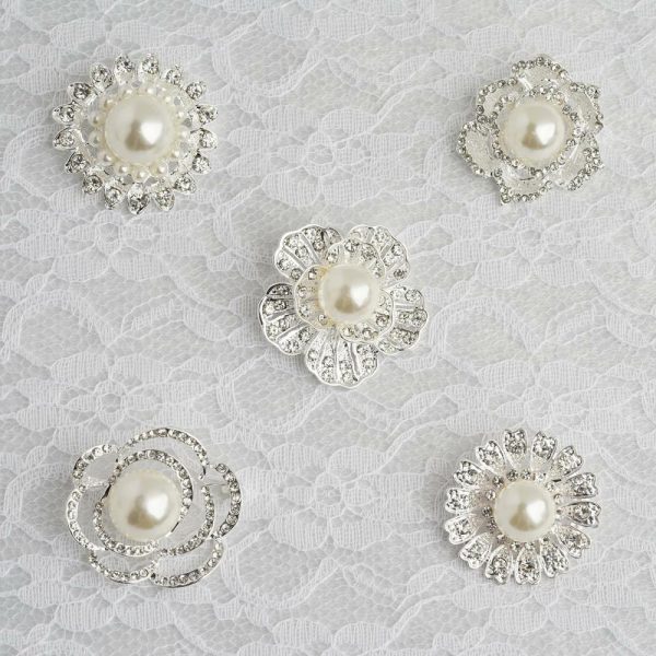 Sash Pins & Brooches |  5 Pack Assorted Silver Plated Rhinestone Brooches with Pearl Center Floral Sash Pin Brooch Bouquet Decor