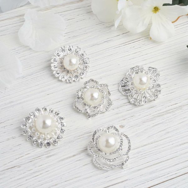 Sash Pins & Brooches |  5 Pack Assorted Silver Plated Rhinestone Brooches with Pearl Center Floral Sash Pin Brooch Bouquet Decor