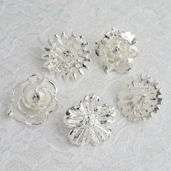 Sash Pins & Brooches |  5 Pack Assorted Silver Plated Rhinestone Brooches with Pearl Center Floral Sash Pin Brooch Bouquet Decor