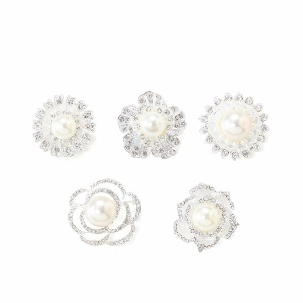 Sash Pins & Brooches |  5 Pack Assorted Silver Plated Rhinestone Brooches with Pearl Center Floral Sash Pin Brooch Bouquet Decor