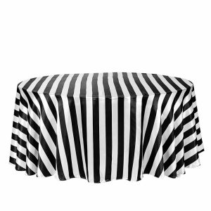 Satin |  120″ Black White Seamless Stripe Satin Round Tablecloth for 5 Foot Table With Floor-Length Drop