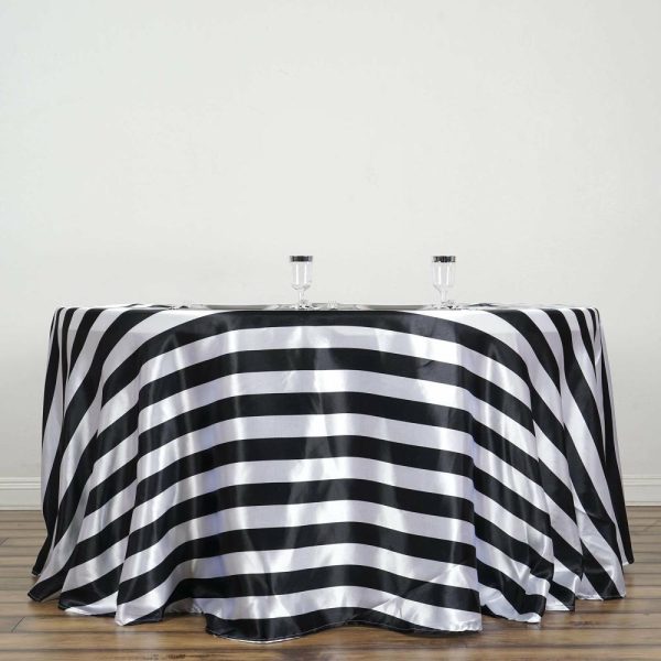 Satin |  120″ Black White Seamless Stripe Satin Round Tablecloth for 5 Foot Table With Floor-Length Drop