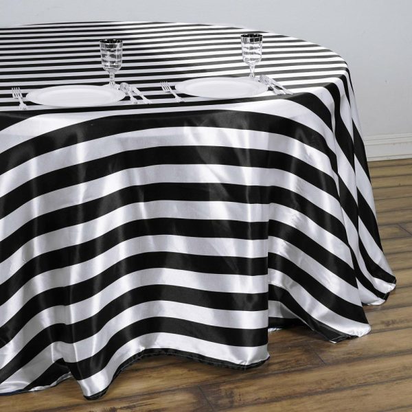 Satin |  120″ Black White Seamless Stripe Satin Round Tablecloth for 5 Foot Table With Floor-Length Drop