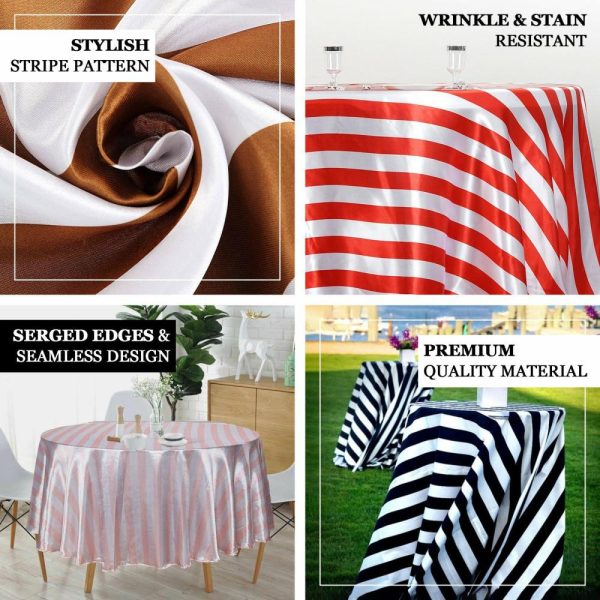 Satin |  120″ Black White Seamless Stripe Satin Round Tablecloth for 5 Foot Table With Floor-Length Drop