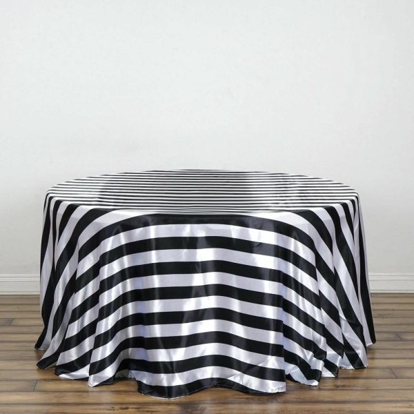 Satin |  120″ Black White Seamless Stripe Satin Round Tablecloth for 5 Foot Table With Floor-Length Drop