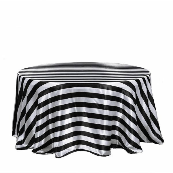 Satin |  120″ Black White Seamless Stripe Satin Round Tablecloth for 5 Foot Table With Floor-Length Drop