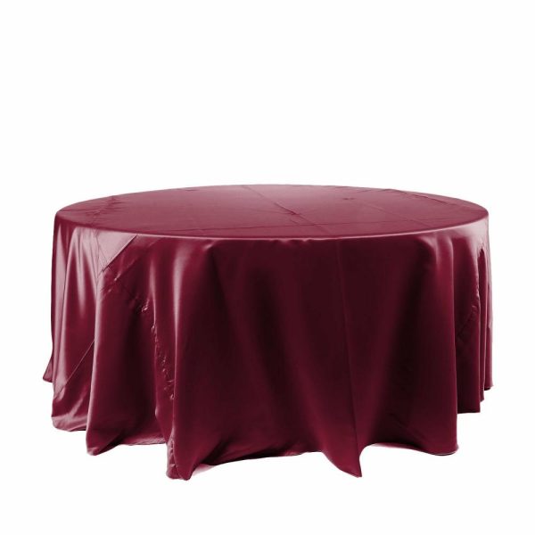 Satin |  120″ Burgundy Seamless Satin Round Tablecloth for 5 Foot Table With Floor-Length Drop