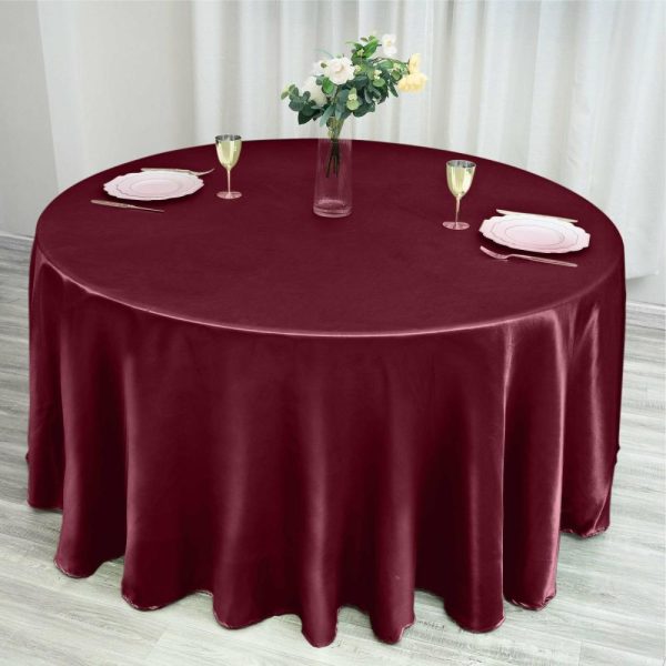 Satin |  120″ Burgundy Seamless Satin Round Tablecloth for 5 Foot Table With Floor-Length Drop