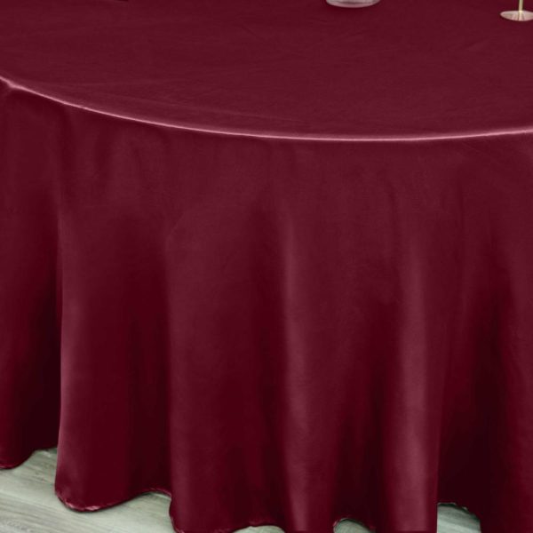 Satin |  120″ Burgundy Seamless Satin Round Tablecloth for 5 Foot Table With Floor-Length Drop