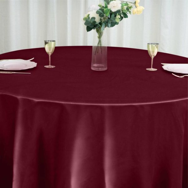 Satin |  120″ Burgundy Seamless Satin Round Tablecloth for 5 Foot Table With Floor-Length Drop