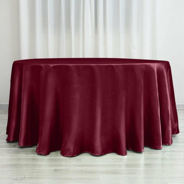 Satin |  120″ Burgundy Seamless Satin Round Tablecloth for 5 Foot Table With Floor-Length Drop