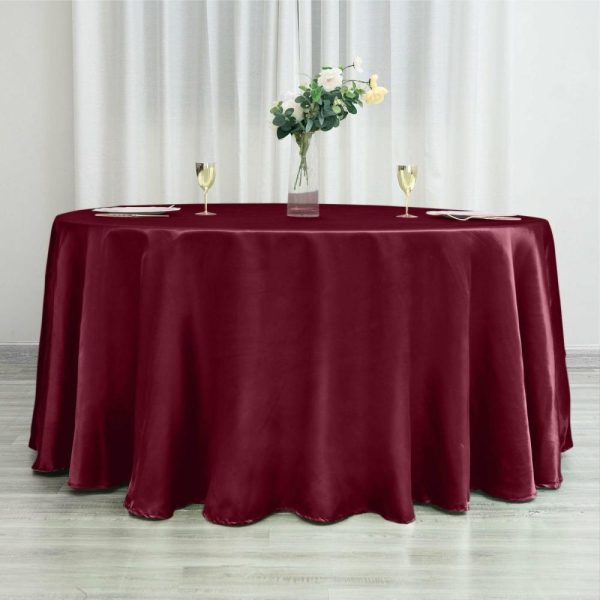 Satin |  120″ Burgundy Seamless Satin Round Tablecloth for 5 Foot Table With Floor-Length Drop