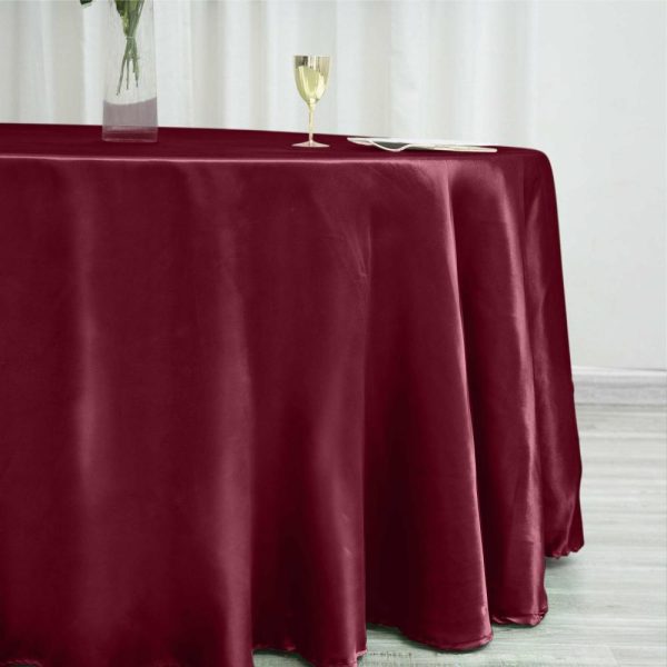 Satin |  120″ Burgundy Seamless Satin Round Tablecloth for 5 Foot Table With Floor-Length Drop