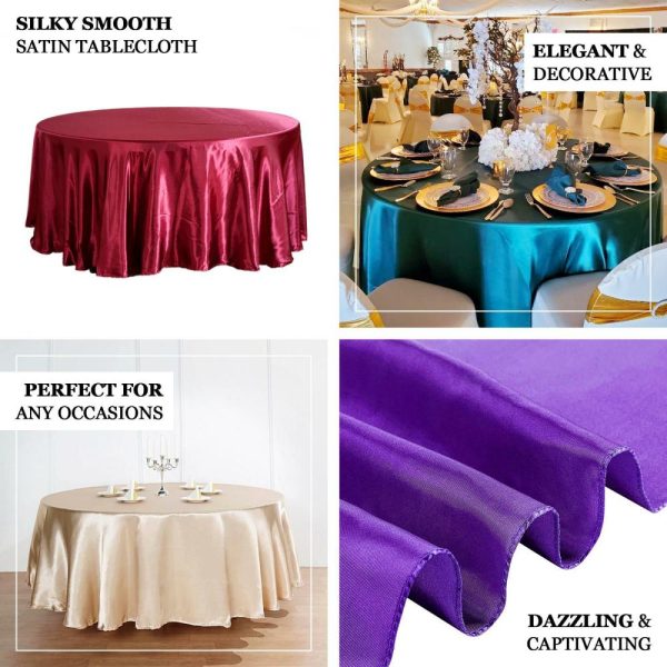 Satin |  120″ Burgundy Seamless Satin Round Tablecloth for 5 Foot Table With Floor-Length Drop