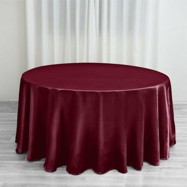 Satin |  120″ Burgundy Seamless Satin Round Tablecloth for 5 Foot Table With Floor-Length Drop