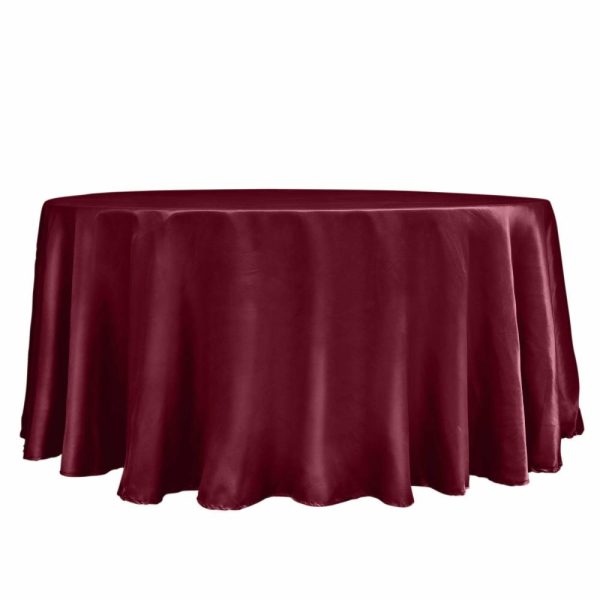 Satin |  120″ Burgundy Seamless Satin Round Tablecloth for 5 Foot Table With Floor-Length Drop