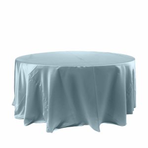 Satin |  120″ Dusty Blue Seamless Satin Round Tablecloth for 5 Foot Table With Floor-Length Drop