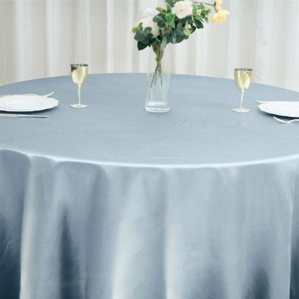 Satin |  120″ Dusty Blue Seamless Satin Round Tablecloth for 5 Foot Table With Floor-Length Drop