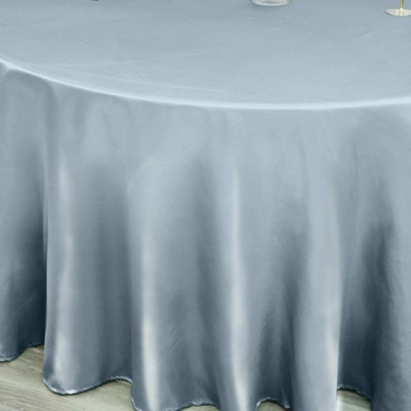 Satin |  120″ Dusty Blue Seamless Satin Round Tablecloth for 5 Foot Table With Floor-Length Drop