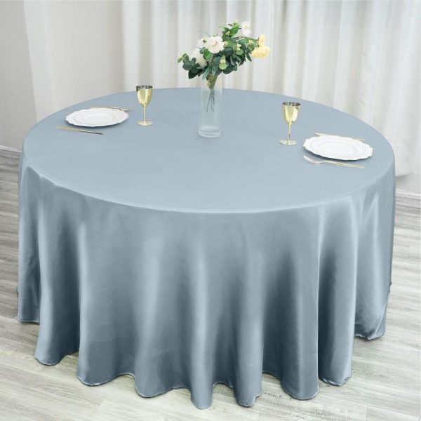 Satin |  120″ Dusty Blue Seamless Satin Round Tablecloth for 5 Foot Table With Floor-Length Drop