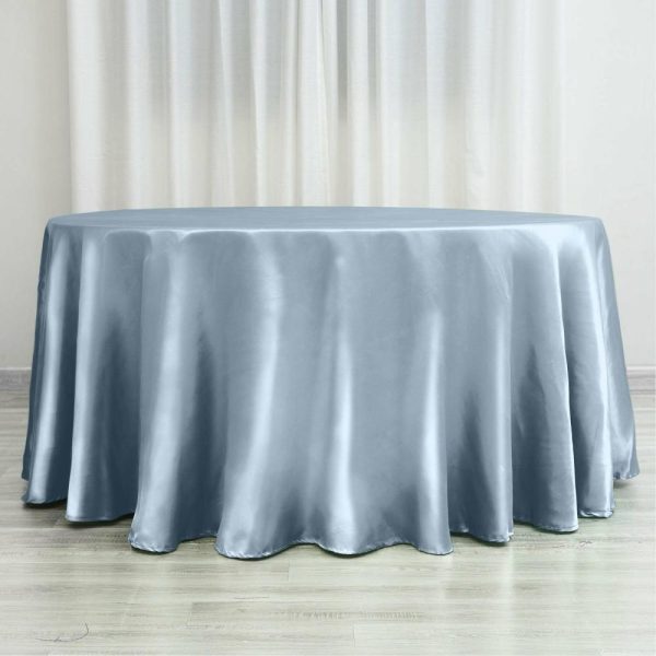 Satin |  120″ Dusty Blue Seamless Satin Round Tablecloth for 5 Foot Table With Floor-Length Drop