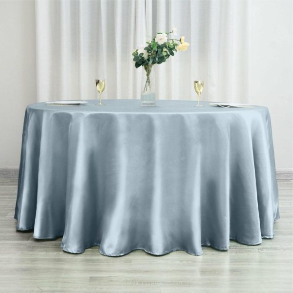 Satin |  120″ Dusty Blue Seamless Satin Round Tablecloth for 5 Foot Table With Floor-Length Drop